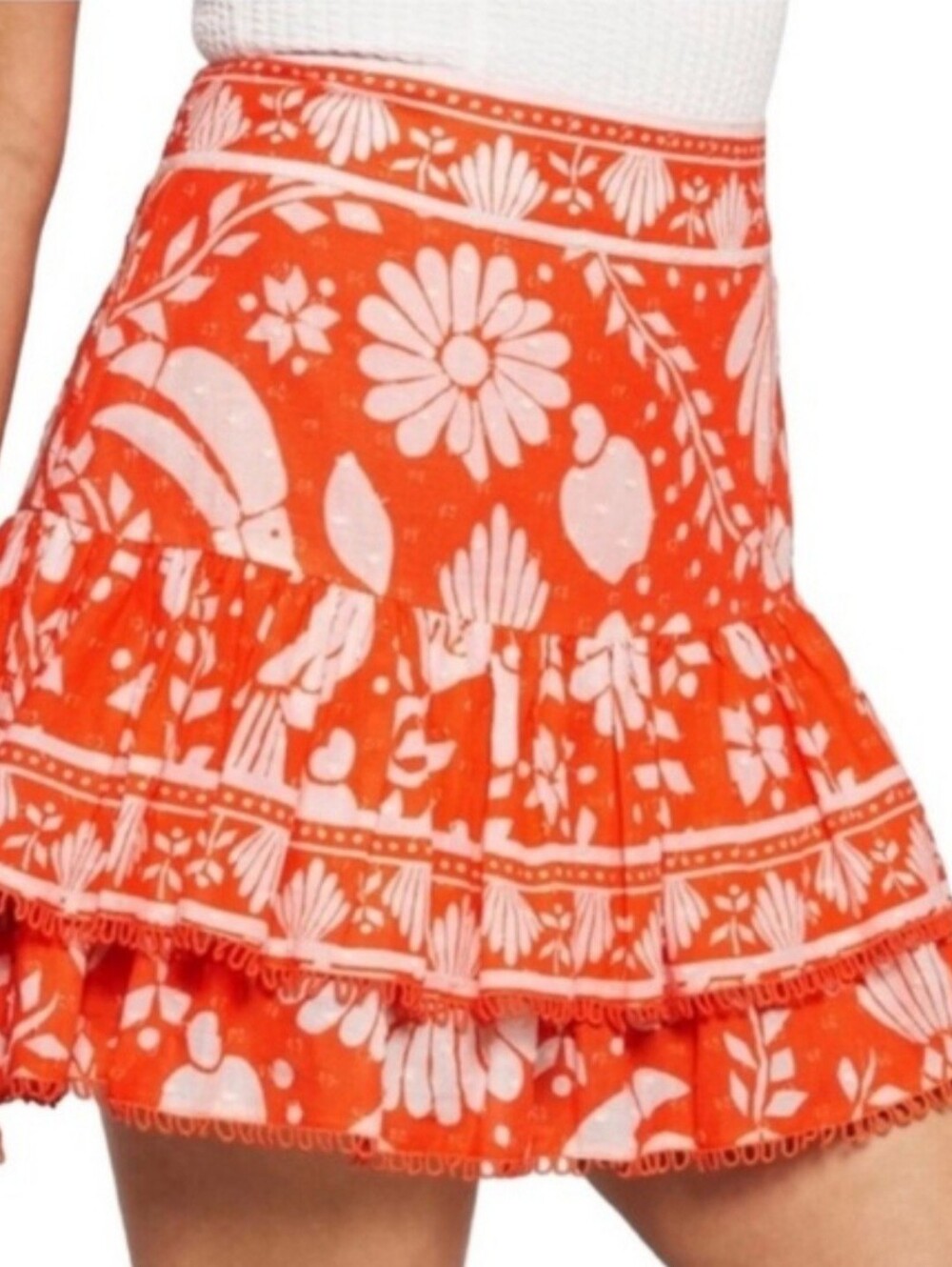 ​NWT Farm Rio Neon Jungle Tiered Mini Skirt M Orange Tropical Resortwear